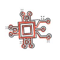 Computer chip icon in comic style. Circuit board cartoon vector illustration on white isolated background. Cpu processor splash effect business concept.