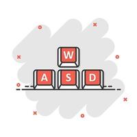 icono de botón wasd en estilo cómico. ilustración de vector de dibujos animados de teclado sobre fondo blanco aislado. concepto de negocio de efecto de salpicadura de ciberdeporte.