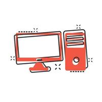 Pc computer icon in comic style. Desktop cartoon vector illustration on white isolated background. Device monitor splash effect business concept.