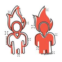 People with flame head icon in comic style. Stress expression cartoon vector illustration on white isolated background. Health problem splash effect business concept.