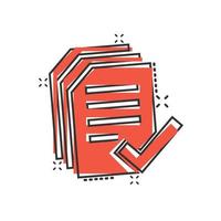 Approved document icon in comic style. Authorize cartoon vector illustration on white isolated background. Agreement check mark splash effect business concept.