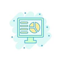 Analytic monitor icon in comic style. Diagram vector cartoon illustration on white isolated background. Statistic business concept splash effect.