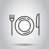 Fork, knife and plate icon in flat style. Restaurant vector illustration on isolated background. Dinner business concept.