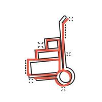 Cargo trolley icon in comic style. Delivery box cartoon vector illustration on white isolated background. Box shipping splash effect business concept.