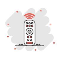 icono de control remoto en estilo cómico. controlador de infrarrojos ilustración de dibujos animados vectoriales sobre fondo blanco aislado. efecto de salpicadura de concepto de negocio de teclado de tv. vector