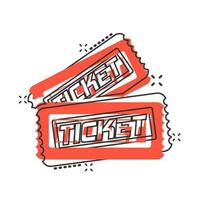 Cinema ticket icon in comic style. Admit one coupon entrance vector cartoon illustration pictogram splash effect.