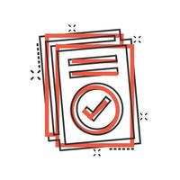 Approved document icon in comic style. Authorize cartoon vector illustration on white isolated background. Agreement check mark splash effect business concept.