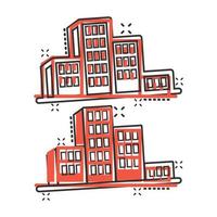 Building icon in comic style. Town skyscraper apartment cartoon vector illustration on white isolated background. City tower splash effect business concept.