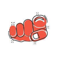 Finger point icon in comic style. Hand gesture cartoon vector illustration on white isolated background. You forward splash effect business concept.