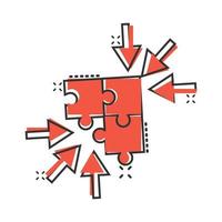 Puzzle jigsaw icon in comic style. Solution compatible cartoon vector illustration on white isolated background. Combination splash effect business concept.