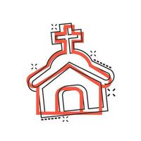 Church icon in comic style. Chapel vector cartoon illustration on white isolated background. Religious building business concept splash effect.