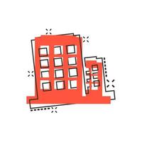 icono de signo de edificio de oficinas en estilo cómico. ilustración de dibujos animados de vector de apartamento sobre fondo blanco aislado. efecto de salpicadura de concepto de negocio de arquitectura.