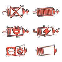 Battery charge icon set in comic style. Power level cartoon vector illustration on white isolated background. Lithium accumulator splash effect business concept.