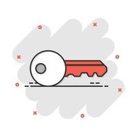 Key icon in comic style. Access login vector cartoon illustration pictogram. Password key business concept splash effect.