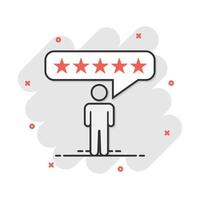 Vector cartoon customer reviews, user feedback icon in comic style. Rating sign illustration pictogram. Stars rating business splash effect concept.