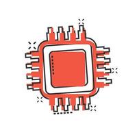 Computer cpu icon in comic style. Circuit board cartoon vector illustration on white isolated background. Motherboard chip splash effect business concept.