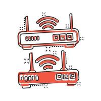 icono de enrutador wifi en estilo cómico. ilustración vectorial de dibujos animados de banda ancha sobre fondo blanco aislado. concepto de negocio de efecto de salpicadura de conexión a Internet. vector