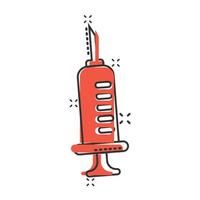 Syringe icon in comic style. Inject needle cartoon vector illustration on white isolated background. Drug dose splash effect business concept.