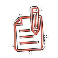 Blogging icon in comic style. Document with pen cartoon vector illustration on white isolated background. Content splash effect business concept.