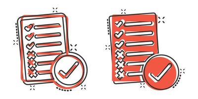 Document checklist icon in comic style. Report cartoon vector illustration on white isolated background. Paper sheet splash effect business concept.