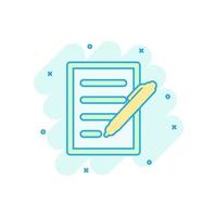 Document with pen icon in comic style. Notepad vector cartoon illustration on white isolated background. Office stationery splash effect business concept.