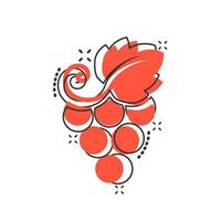 icono de signo de frutas de uva en estilo cómico. ilustración de dibujos animados de vector de vid sobre fondo blanco aislado. efecto de salpicadura de concepto de negocio de uvas de vino.