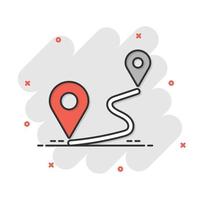 Distance pin icon in comic style. Gps navigation vector cartoon illustration on white isolated background. Communication travel business concept splash effect.