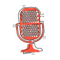 Microphone icon in comic style. Mic broadcast vector cartoon illustration pictogram. Microphone mike speech business concept splash effect.