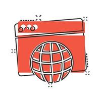 icono de dominio del sitio web en estilo cómico. ilustración de vector de dibujos animados de dirección de internet global sobre fondo blanco aislado. concepto de negocio de efecto de salpicadura de servidor.