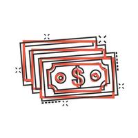 icono de billete de dólar en estilo cómico. ilustración vectorial de dibujos animados en efectivo en dólares sobre fondo blanco aislado. concepto de negocio de efecto de salpicadura de billete de banco. vector