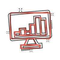 icono de análisis de sitios web en estilo cómico. ilustración vectorial de dibujos animados de datos seo sobre fondo blanco aislado. concepto de negocio de efecto de salpicadura de diagrama de computadora. vector