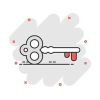 Vector cartoon key icon in comic style. Secret keyword sign illustration pictogram. Key business splash effect concept.