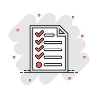 Cartoon checklist icon in comic style. Document check illustration pictogram. Diagram graph sign splash business concept. vector