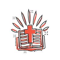 Bible book icon in comic style. Church faith cartoon vector illustration on white isolated background. Spirituality splash effect business concept.