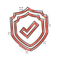 Shield with check mark icon in comic style. Protect cartoon vector illustration on white isolated background. Checkmark guard splash effect business concept.