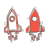 Rocket icon in comic style. Spaceship launch cartoon vector illustration on white isolated background. Sputnik splash effect business concept.