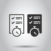 Document witch clock icon in flat style. Checklist survey vector illustration on white isolated background. Fast service business concept.
