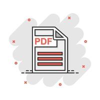 icono de descarga de pdf de dibujos animados vectoriales en estilo cómico. pictograma de ilustración de signo de formato pdf. concepto de efecto de salpicadura de negocio de documento. vector