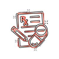 Prescription icon in comic style. Rx document cartoon vector illustration on white isolated background. Paper splash effect business concept.