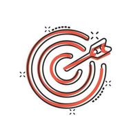 Target icon in comic style. Darts game cartoon vector illustration on white isolated background. Aim arrow splash effect business concept.