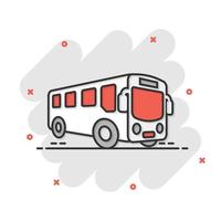 icono de autobús escolar en estilo cómico. ilustración de dibujos animados de vector de autobus sobre fondo blanco aislado. efecto de salpicadura del concepto de negocio de transporte de autocares.