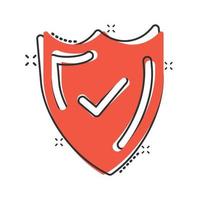 Shield with check mark icon in comic style. Protect cartoon vector illustration on white isolated background. Checkmark guard splash effect business concept.