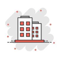 icono de signo de edificio de oficinas en estilo cómico. ilustración de dibujos animados de vector de apartamento sobre fondo blanco aislado. efecto de salpicadura de concepto de negocio de arquitectura.