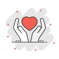 Heart care icon in comic style. Charity vector cartoon illustration on white isolated background. Love in hand business concept splash effect.