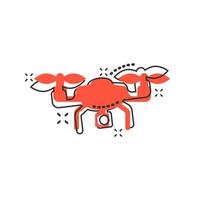 Drone quadrocopter icon in comic style. Quadcopter camera vector cartoon illustration on white isolated background. Helicopter flight business concept splash effect.