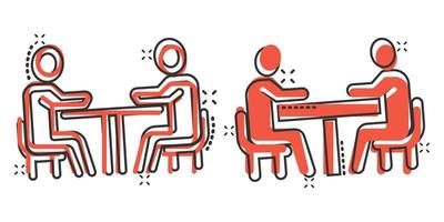 personas con icono de mesa en estilo cómico. dibujos animados de conferencia de trabajo en equipo vector