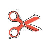 Scissor icon in comic style. Cut equipment cartoon vector illustration on white isolated background. Cutter splash effect business concept.