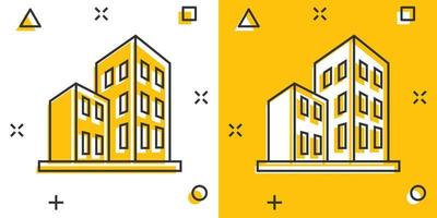 icono de construcción en estilo cómico. Ilustración de vector de dibujos animados de rascacielos sobre fondo blanco aislado. concepto de negocio de efecto de salpicadura de arquitectura.