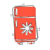 Fridge refrigerator icon in comic style. Freezer container vector cartoon illustration pictogram splash effect.