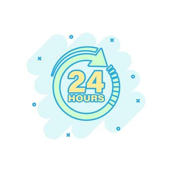 24 hours clock sign icon in comic style. Twenty four hour open vector cartoon illustration on white isolated background. Timetable business concept splash effect.